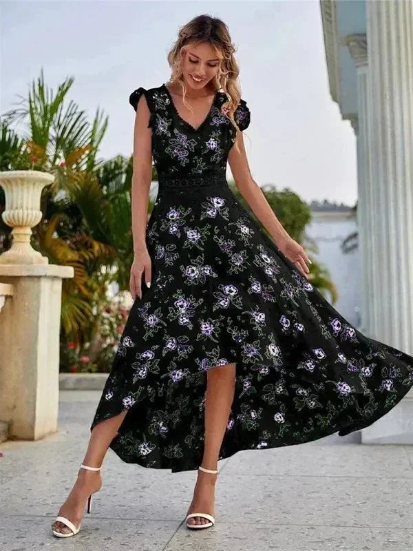 Romantic Floral Asymmetric Chiffon Maxi Dress