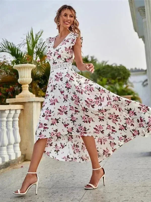 Romantic Floral Asymmetric Chiffon Maxi Dress