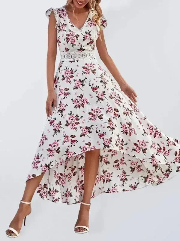 Romantic Floral Asymmetric Chiffon Maxi Dress