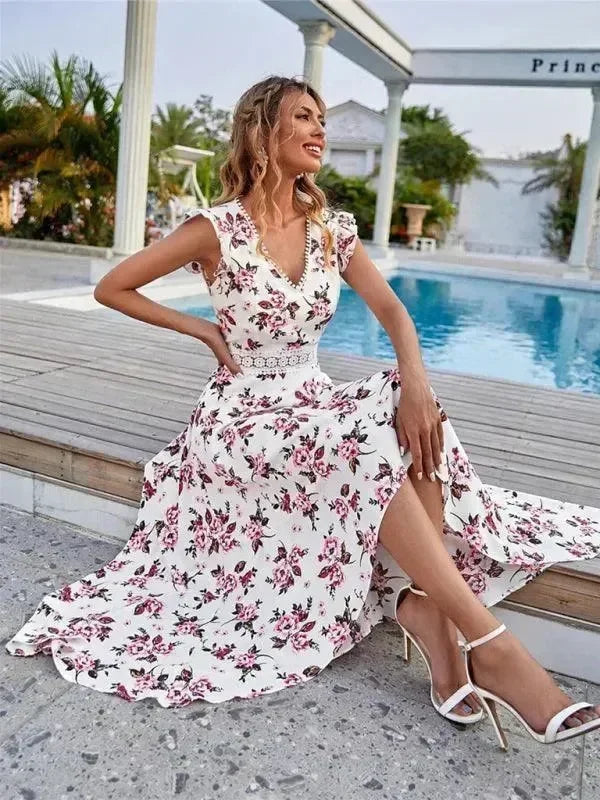 Romantic Floral Asymmetric Chiffon Maxi Dress