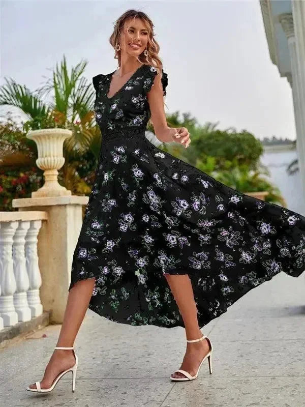 Romantic Floral Asymmetric Chiffon Maxi Dress