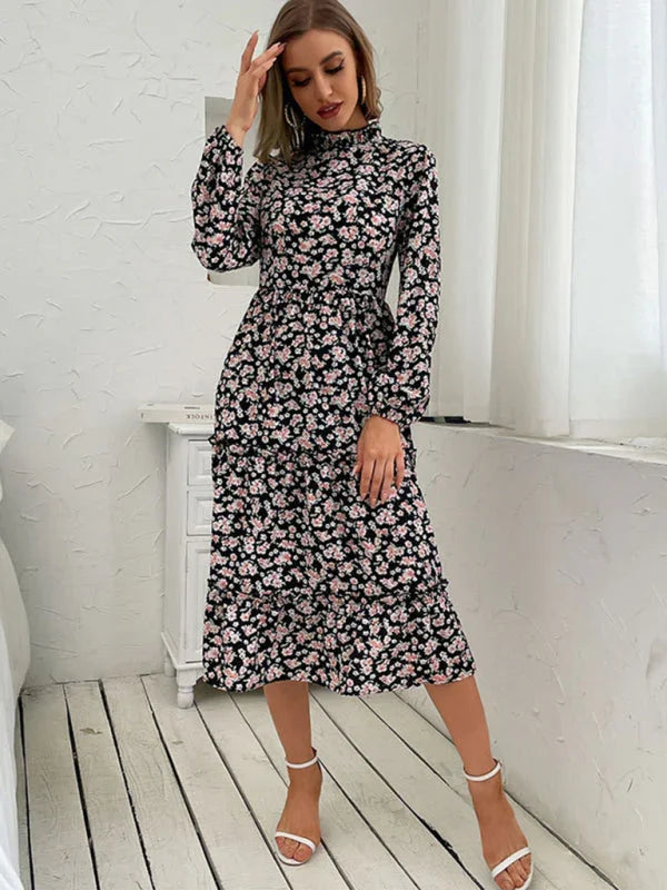 Romantic Floral Chiffon Pleated Midi Dress