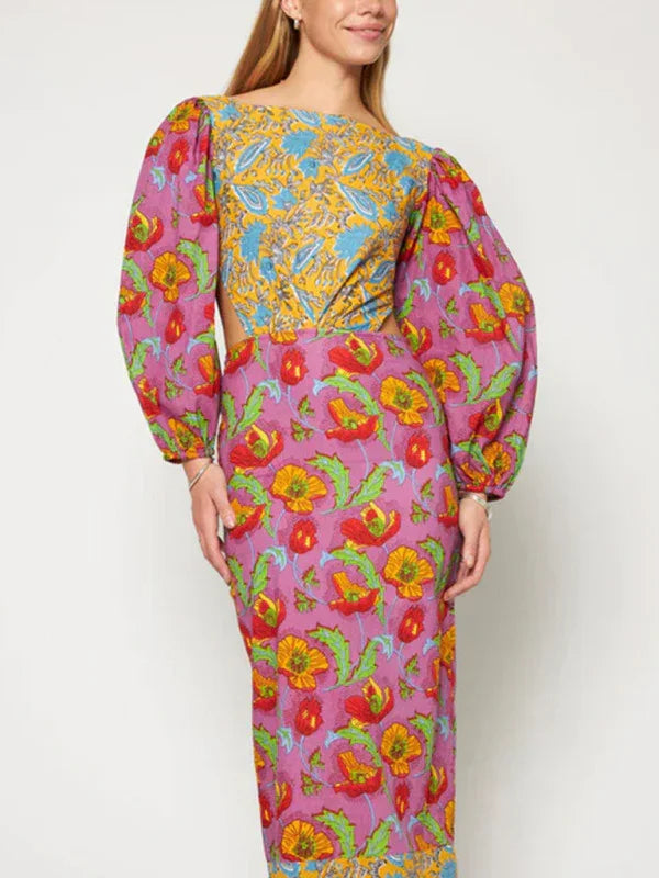 Romantic Floral Lantern Sleeve Midi Dress