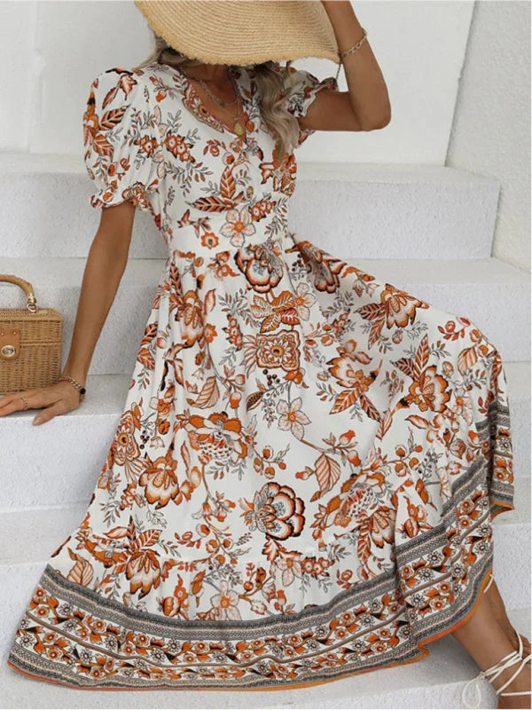 Romantic Floral Puff Sleeve Maxi Dress