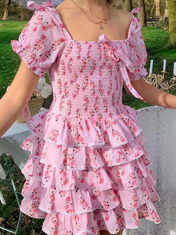 Romantic Floral Tiered Chiffon Mini Dress