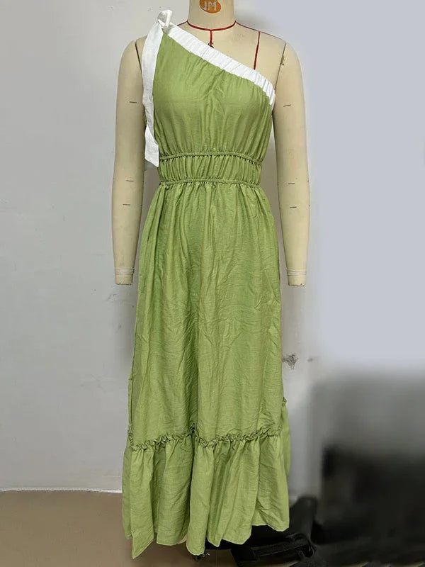 Romantic Green Asymmetric Cotton Maxi Dress