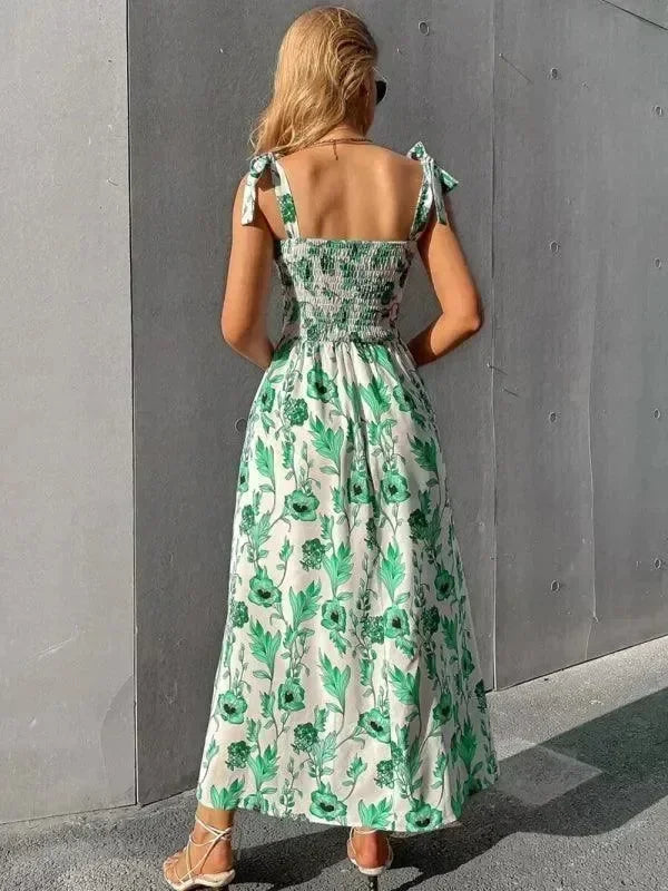 Romantic Green Floral Cotton Midi Dress