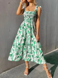 Romantic Green Floral Cotton Midi Dress