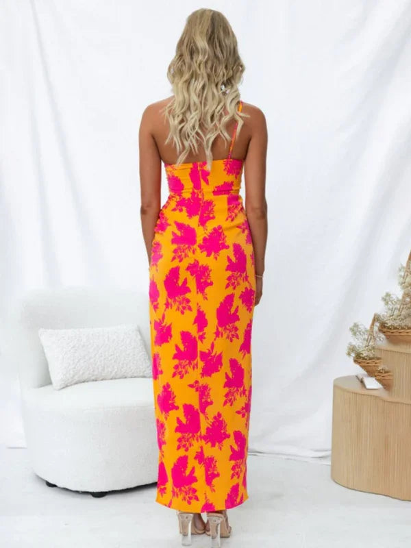 Romantic Orange Floral One-Shoulder Maxi Dress