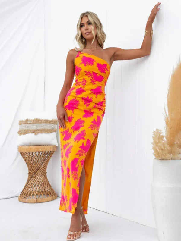 Romantic Orange Floral One-Shoulder Maxi Dress