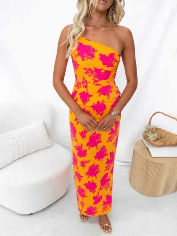 Romantic Orange Floral One-Shoulder Maxi Dress