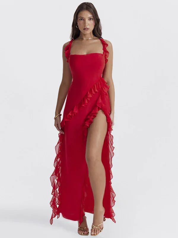 Romantic Red Chiffon Maxi Evening Dress
