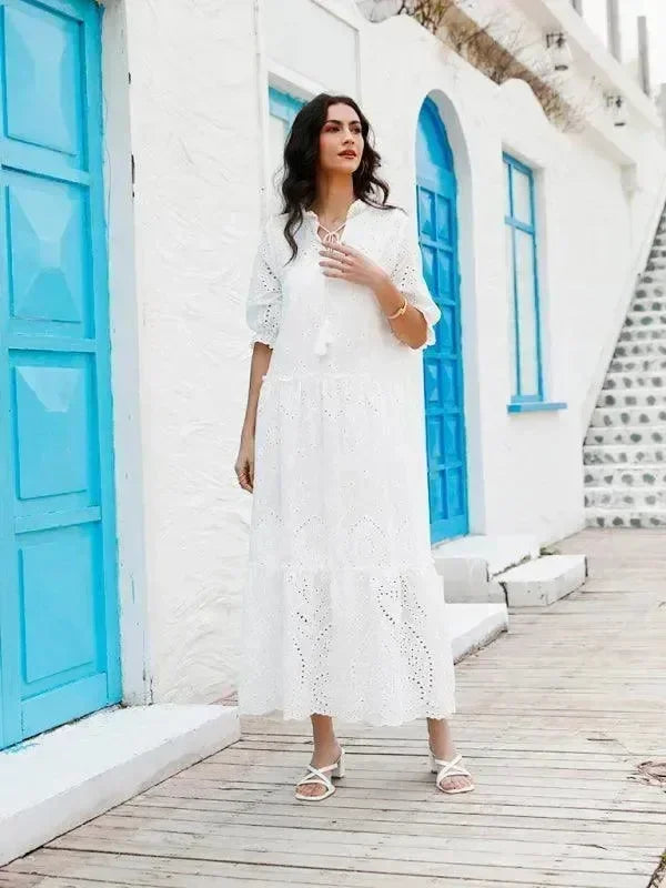 Romantic White Cotton Puff Sleeve Maxi Dress
