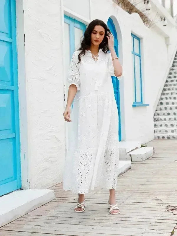 Romantic White Cotton Puff Sleeve Maxi Dress