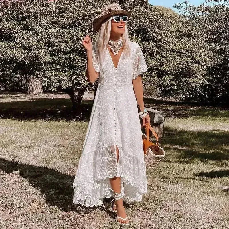 Romantic White Lace Asymmetric Maxi Dress