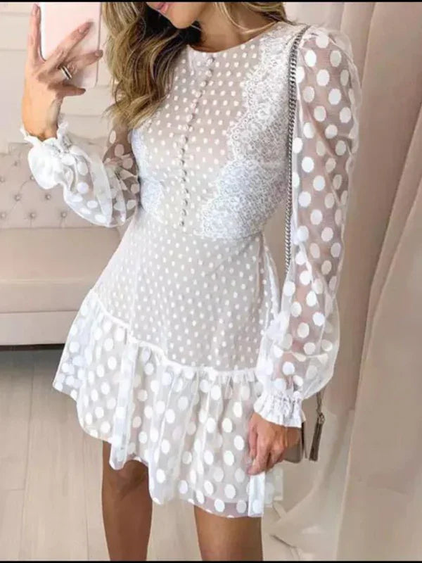 Romantic White Lace Polka Dot Mini Dress