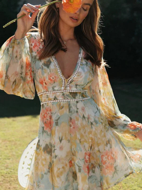 Romantic Yellow Lace Puff Sleeve Mini Dress