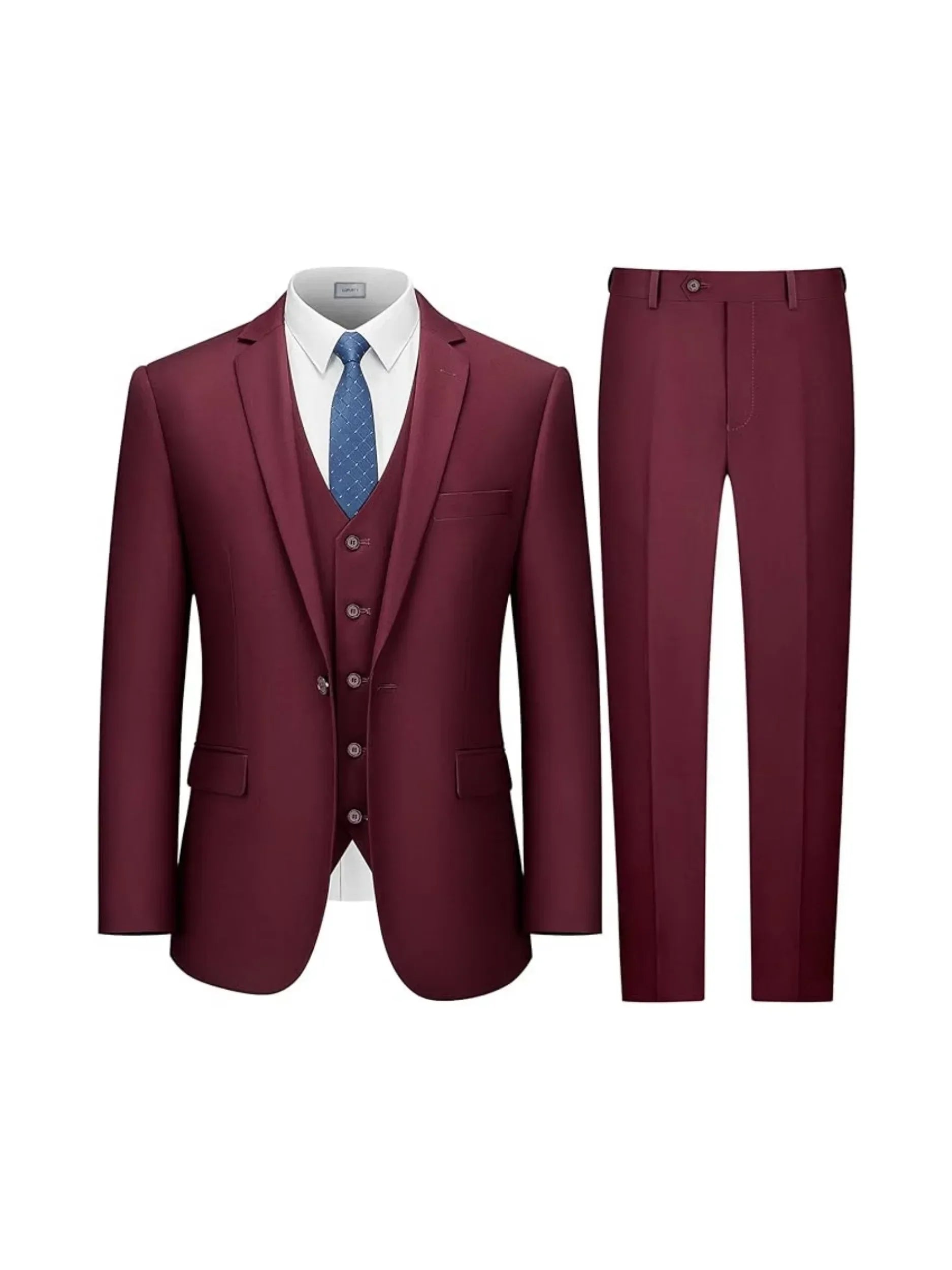Men's Custom 3-Piece Slim Fit Suit – Single Breasted Cotton Tuxedo, Vest & Pants, Burgundy