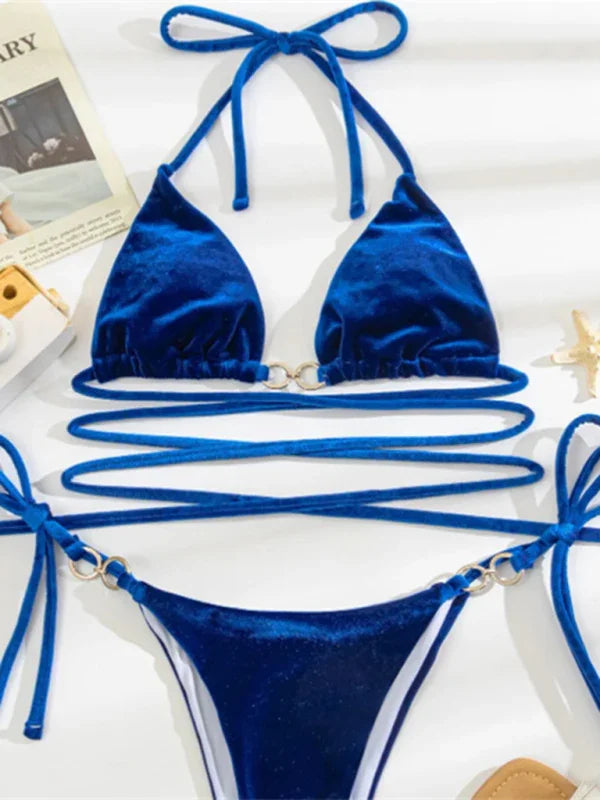 Women Blue String Bikini Set