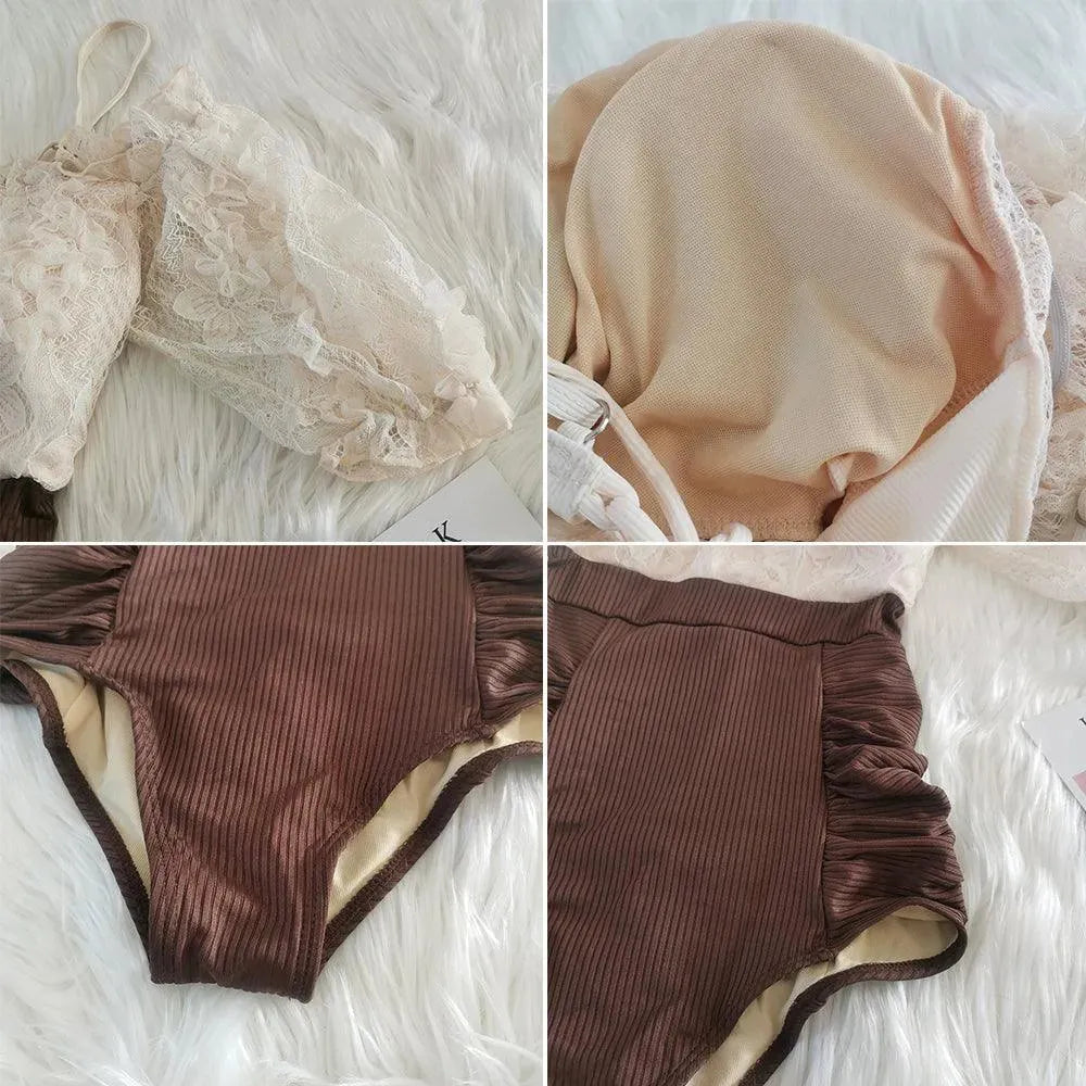 Women Khaki Textured One Piece Swimsuit