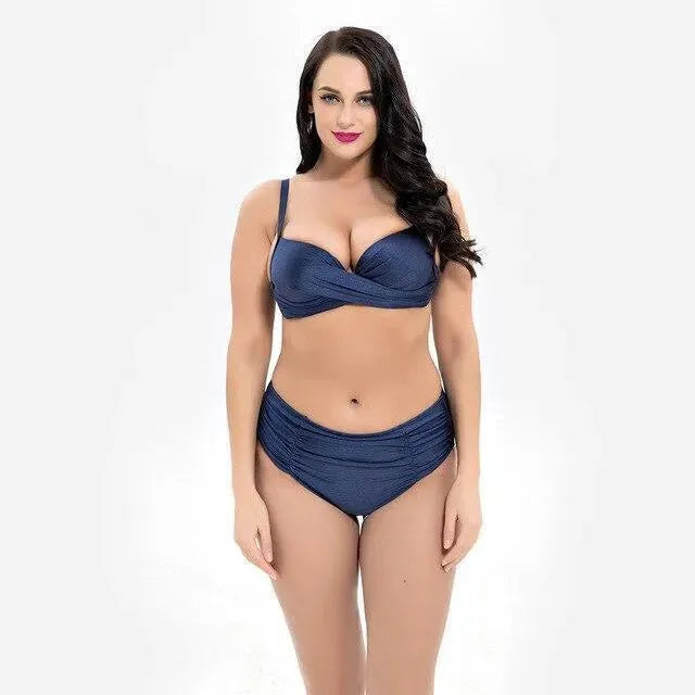 Women Navy Blue Push Up High Waisted Bikini Set