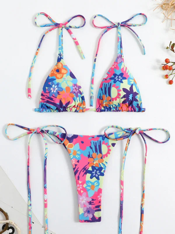 Women Red Floral High Waisted String Bikini Set