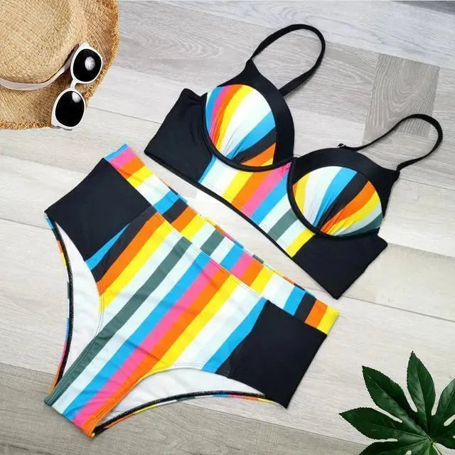 Women Striped Sporty High Waisted Bikini Set