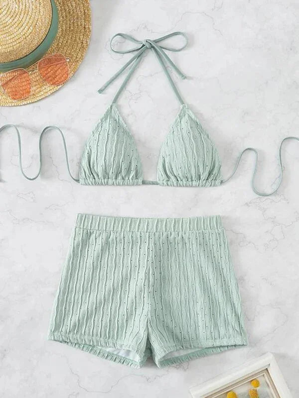 Women White Bikini With Swim Shorts Set