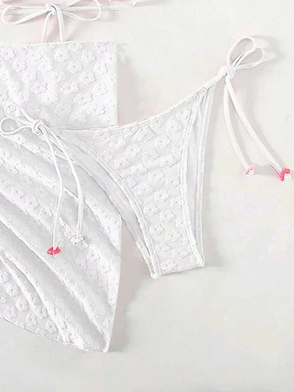 Women White Floral Triangle Bikini Set