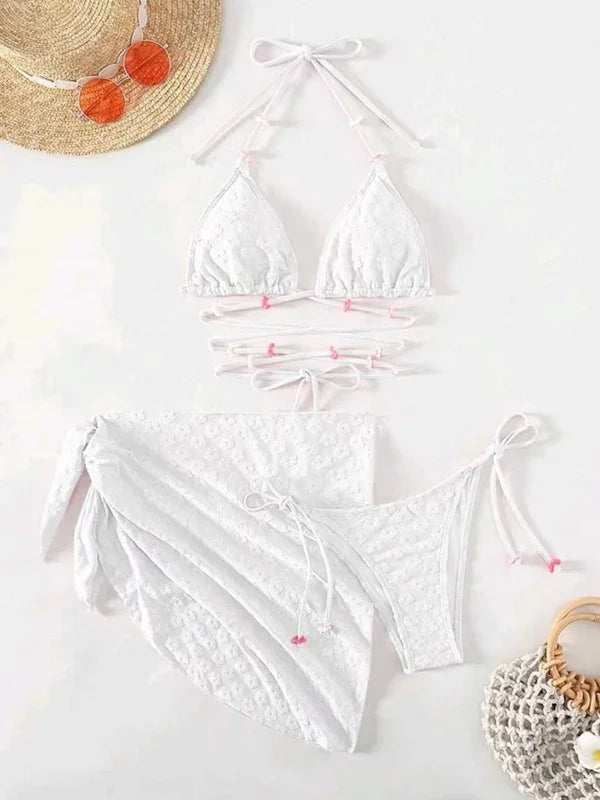 Women White Floral Triangle Bikini Set