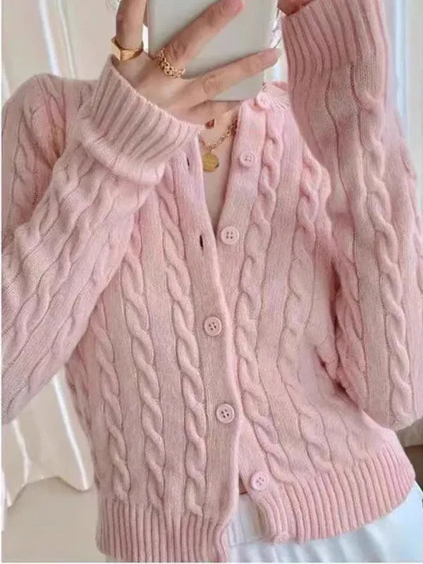 Women’s Cable Knit V-Neck Cardigan Sweater – Retro Button Style