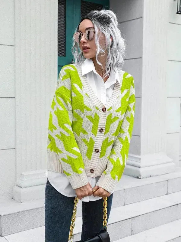 Women's Check Knit V-Neck Button Cardigan Sweater