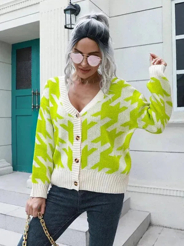 Women's Check Knit V-Neck Button Cardigan Sweater