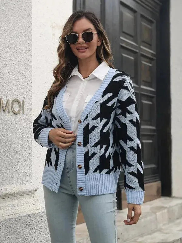 Women's Check Knit V-Neck Button Cardigan Sweater