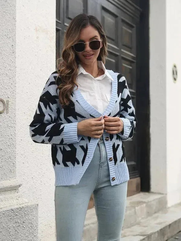 Women's Check Knit V-Neck Button Cardigan Sweater