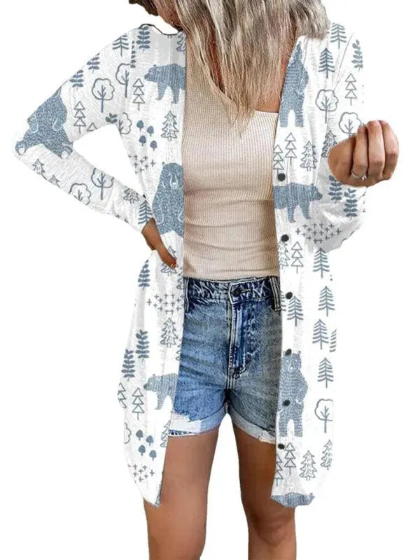 Women’s Christmas Graphic Cardigan Sweater – Festive V-Neck Longline