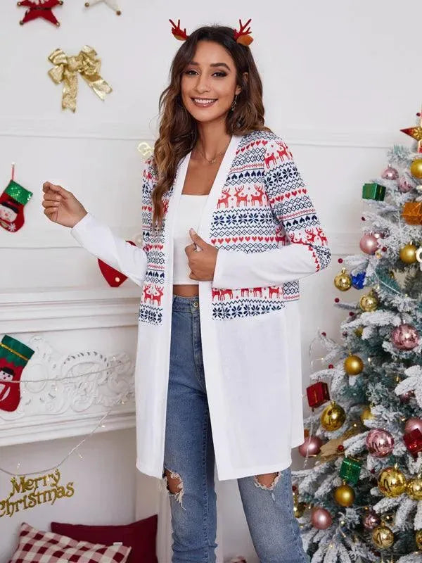 Women’s Christmas Print Longline Cardigan Sweater – Winter Knit