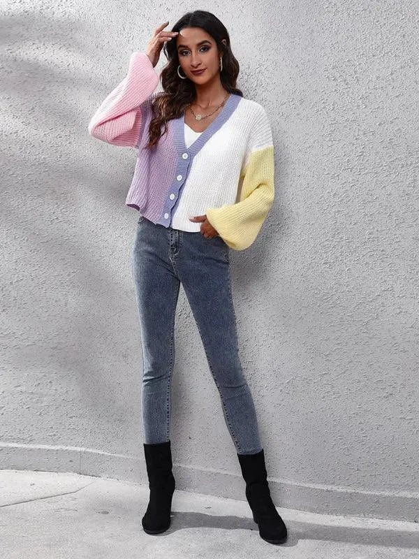 Women's Colorblock V-Neck Button Cardigan Sweater