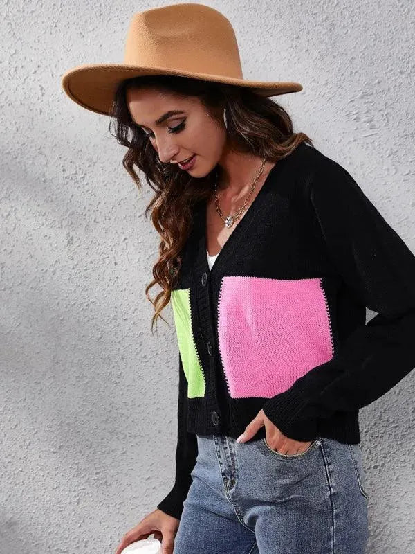 Women's Contrast Stitch V-Neck Button Cardigan Sweater