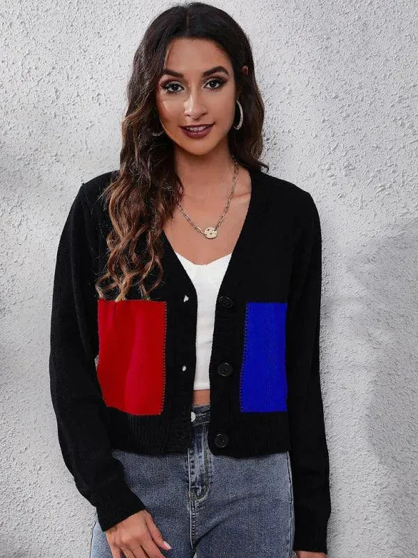 Women's Contrast Stitch V-Neck Button Cardigan Sweater