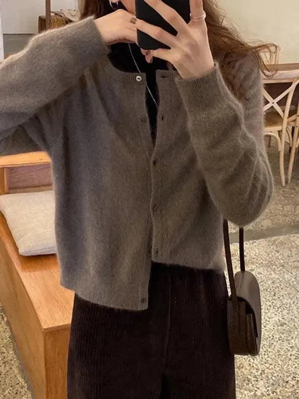 Women’s Crew Neck Button Cardigan Sweater – Minimalist Knit