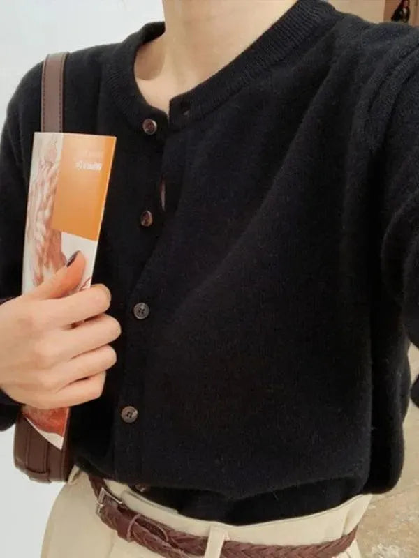 Women’s Crew Neck Button Cardigan Sweater – Minimalist Knit