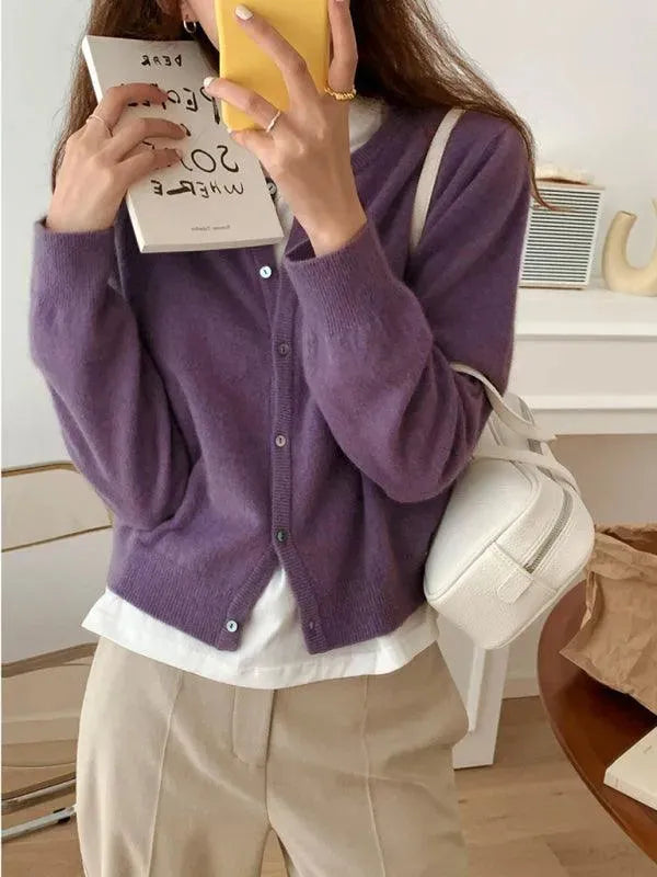 Women’s Crew Neck Button Cardigan Sweater – Minimalist Knit