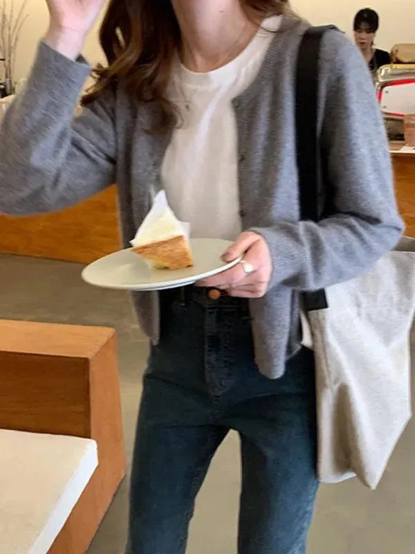 Women’s Crew Neck Button Cardigan Sweater – Minimalist Knit