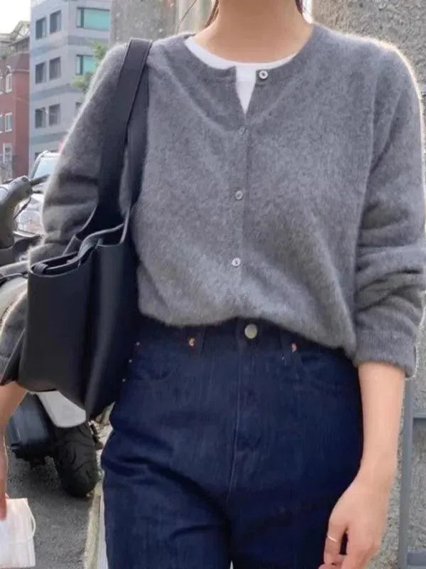 Women’s Crew Neck Button Cardigan Sweater – Minimalist Knit