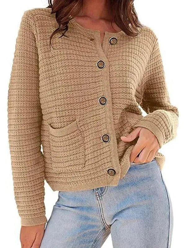 Women’s Crew Neck Knit Cardigan Sweater – Button Front