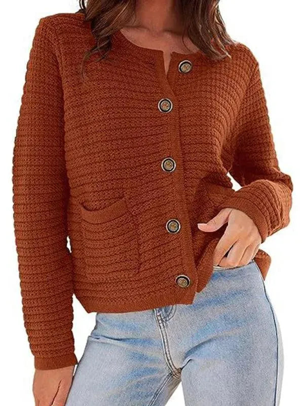 Women’s Crew Neck Knit Cardigan Sweater – Button Front