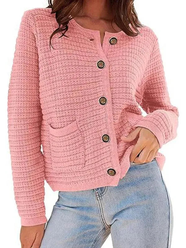 Women’s Crew Neck Knit Cardigan Sweater – Button Front