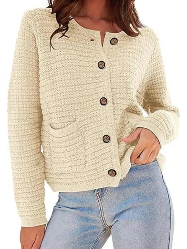 Women’s Crew Neck Knit Cardigan Sweater – Button Front