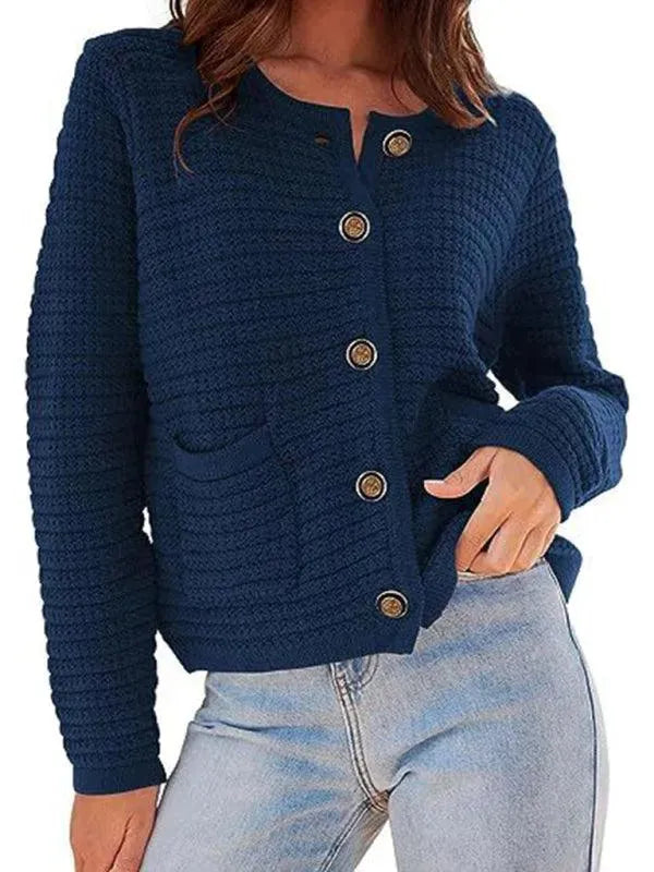 Women’s Crew Neck Knit Cardigan Sweater – Button Front